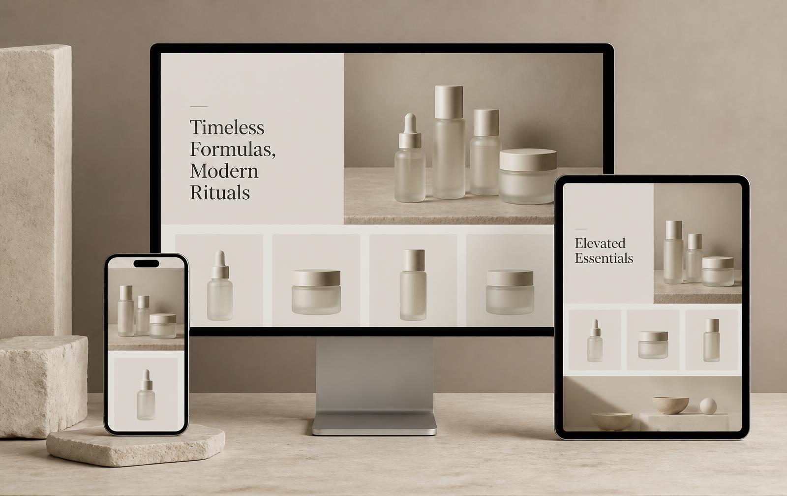 Conceptual beauty ecommerce storefront shown across desktop and tablet devices