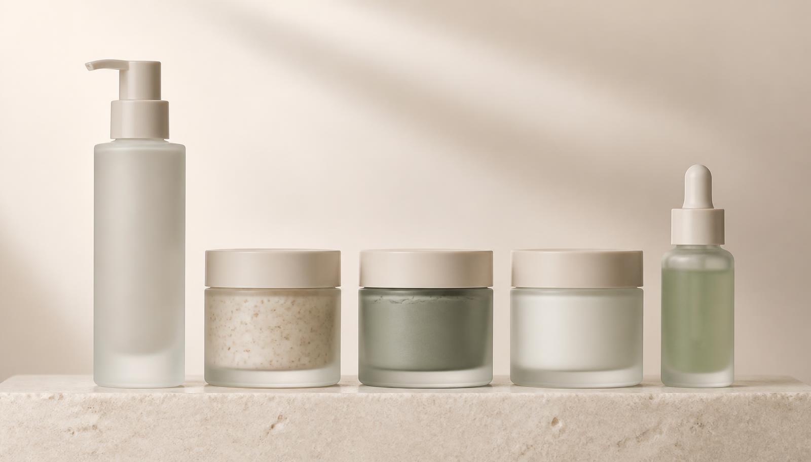 Conceptual hero collection of unbranded cleanser, exfoliator, mask, moisturizer, and serum packaging