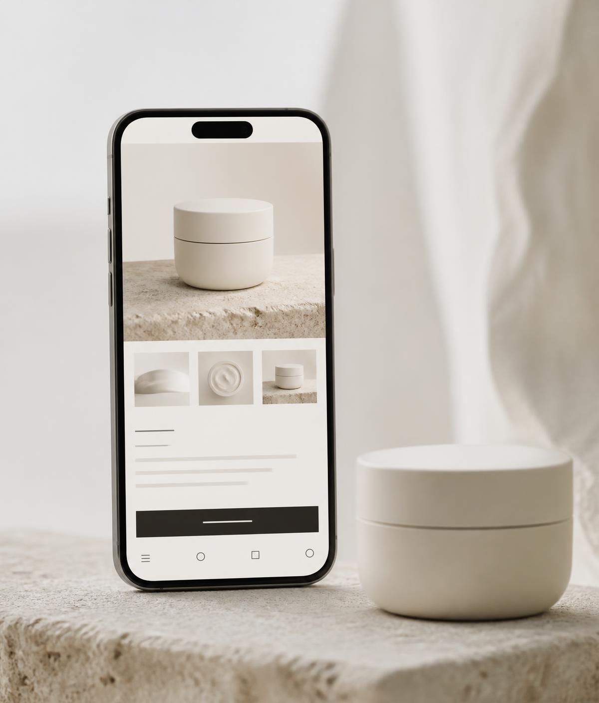 Mobile ecommerce product page for a conceptual skincare brand shown on a smartphone