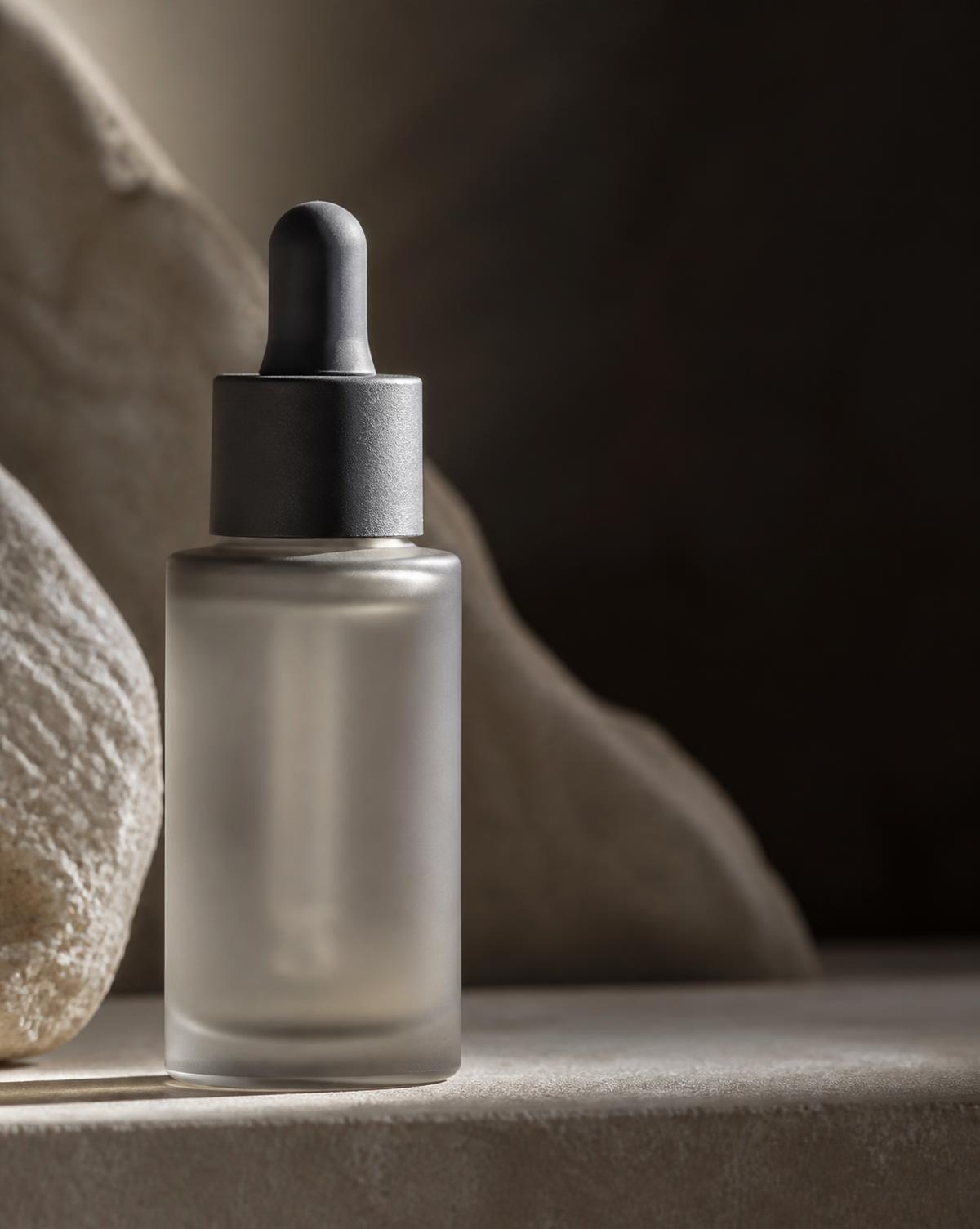 Close-up conceptual rendering of an unbranded frosted glass serum bottle with a charcoal dropper cap
